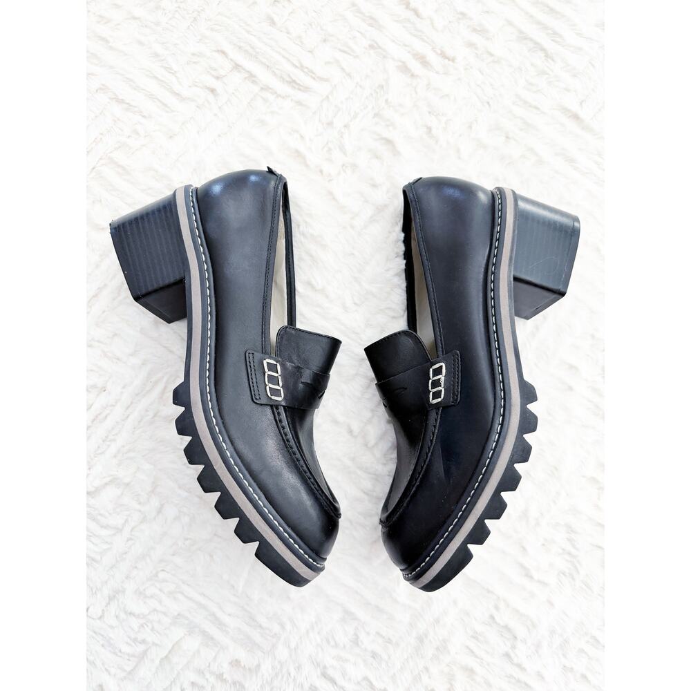 Bernardo Selma Black Leather Lug Sole Penny Loafers Chunky Stacked Heel Academia - Picture 2 of 7